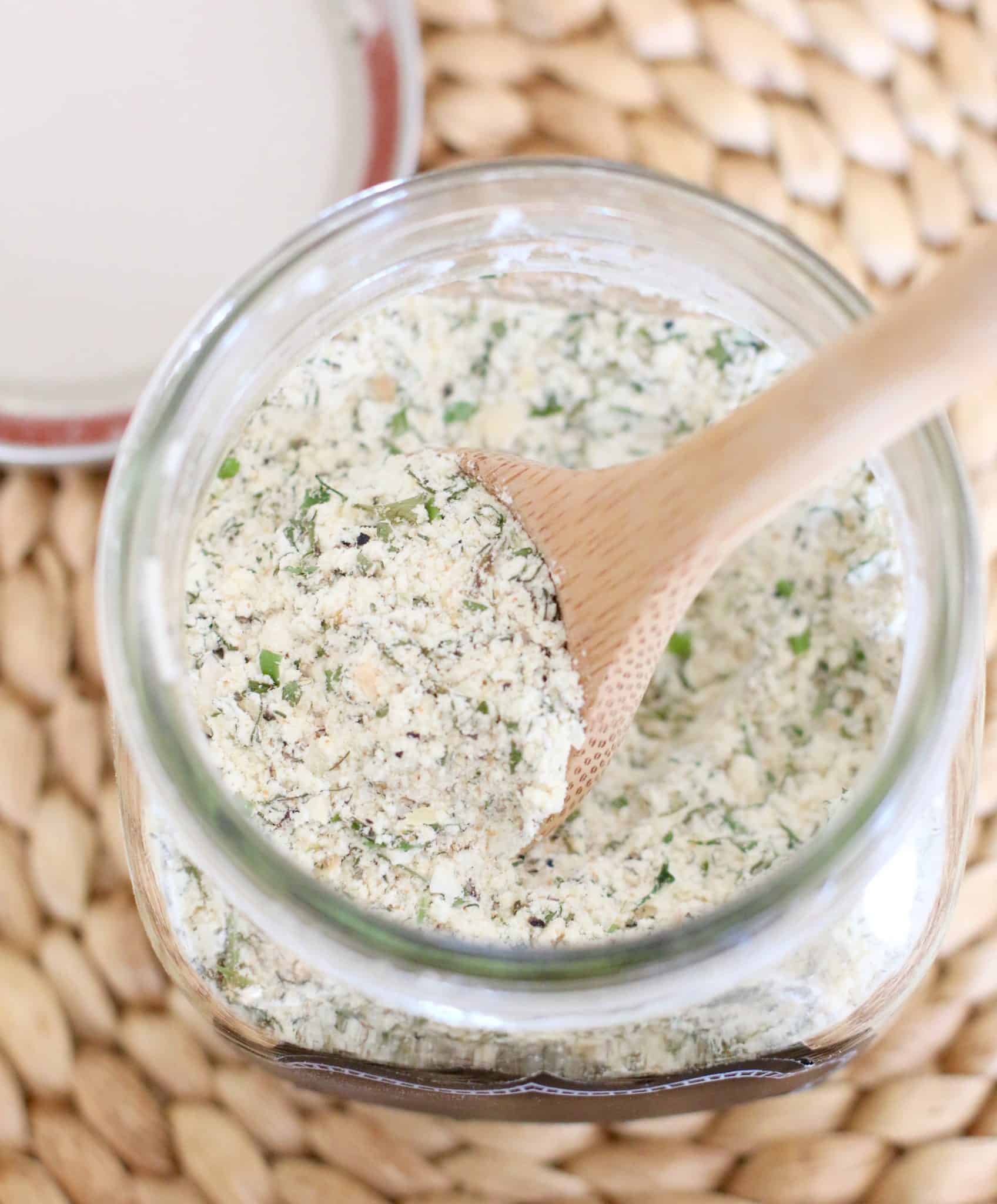 ranch dressing dry ingredients, stirred, shown as a top view looking down into mason jar.