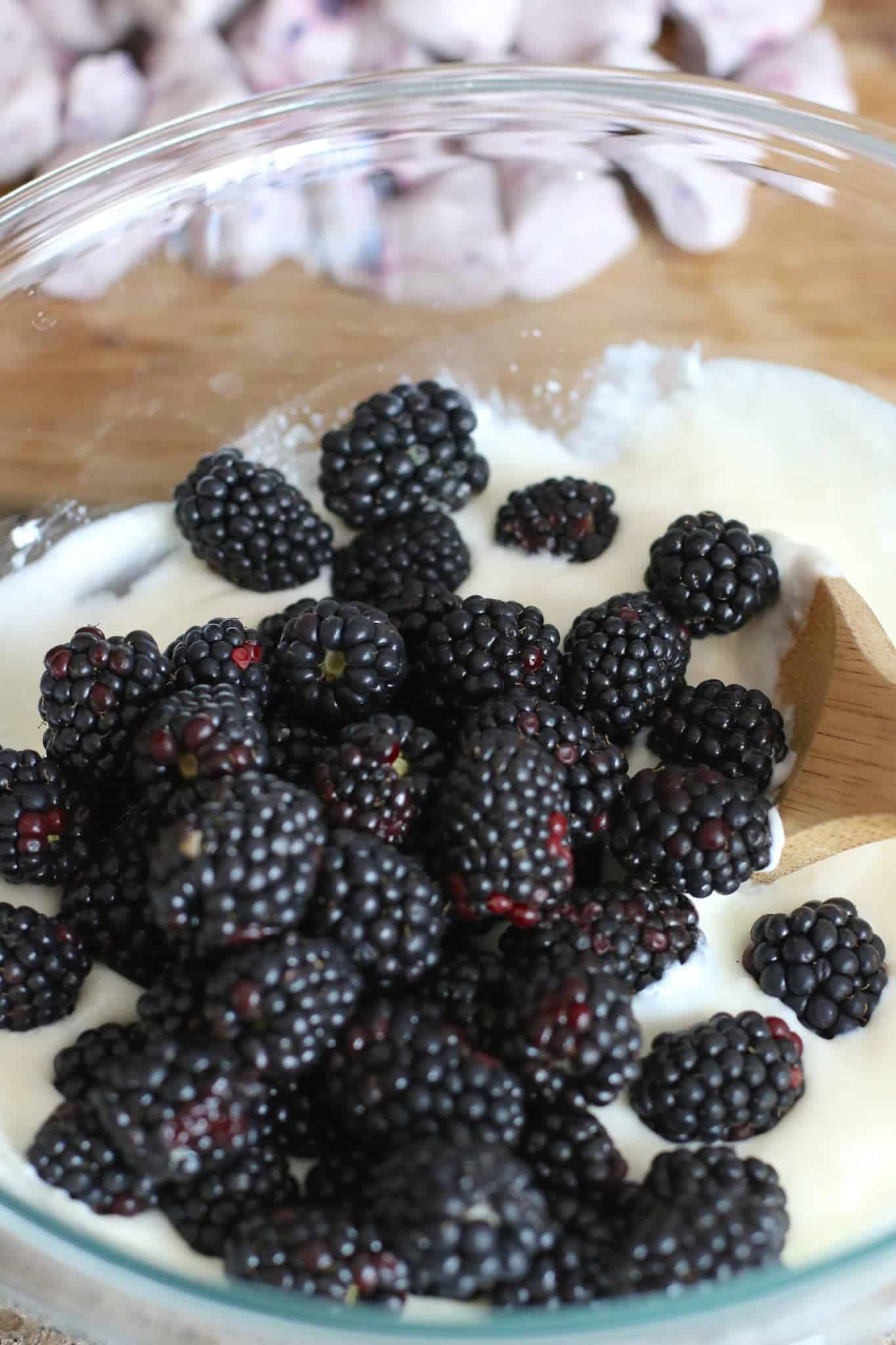 fresh blackberries added to cream cheese and powdered sugar.