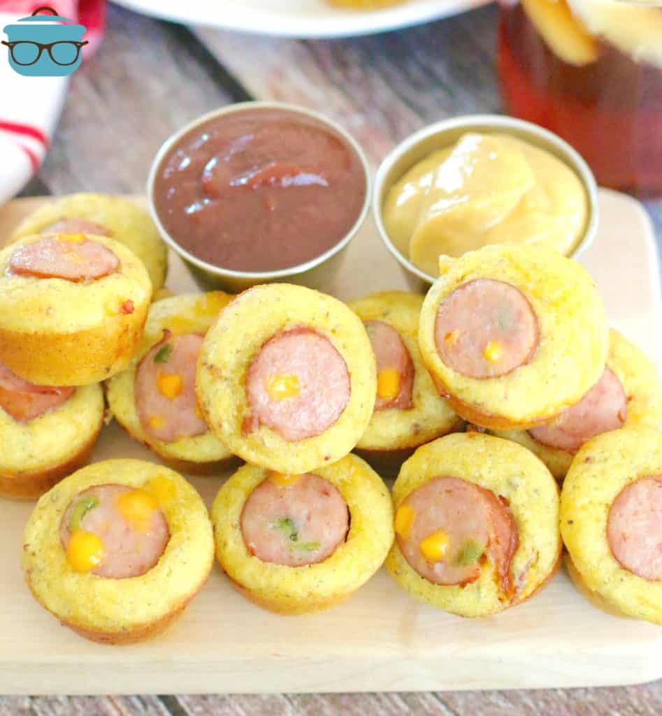 fully cooked cornbread muffin sausage bites served with BBQ sauce and honey mustard