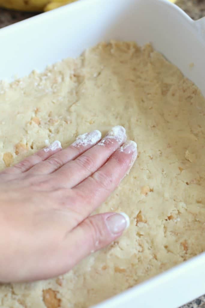 Nilla wafer crust pressed into a square baking dish