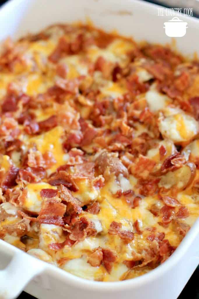 Bacon Cheddar Potatoes cooked and topped with crispy bacon