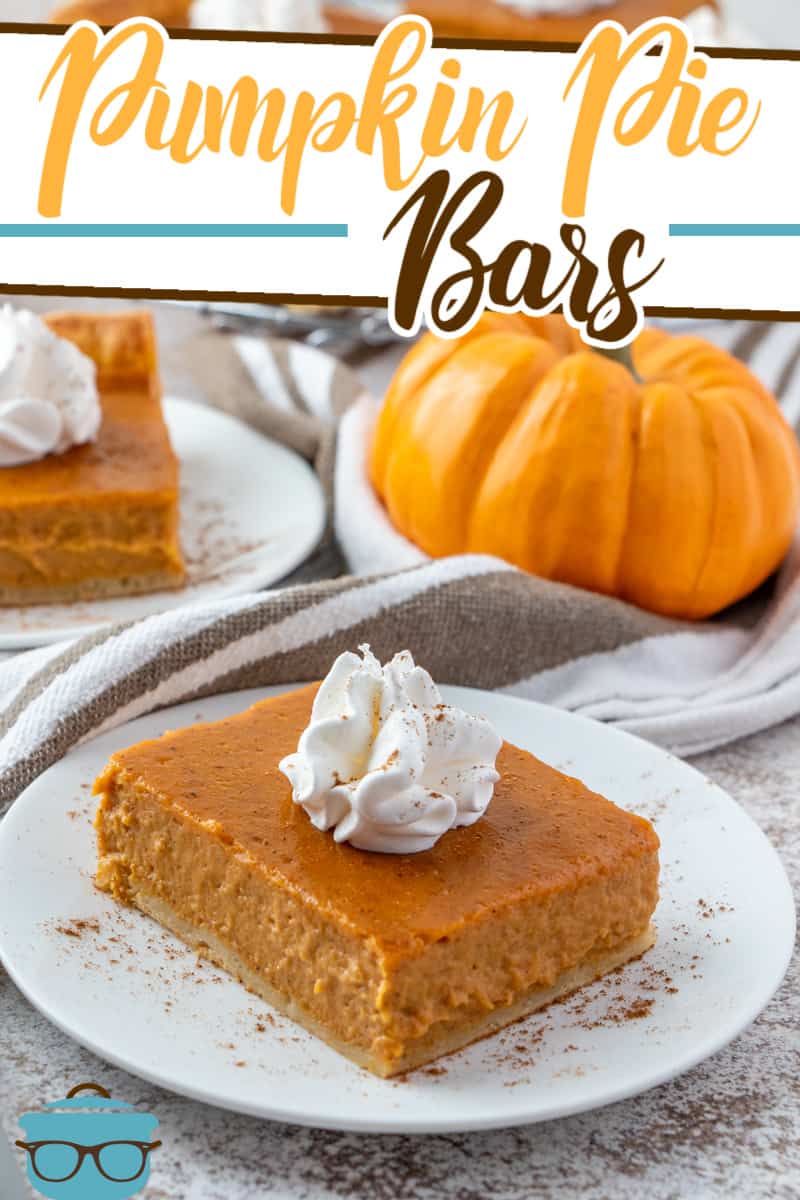 Easy Pumpkin Pie Bars recipe from The Country Cook, bar shown on a white plate with small pumpkins in the background.