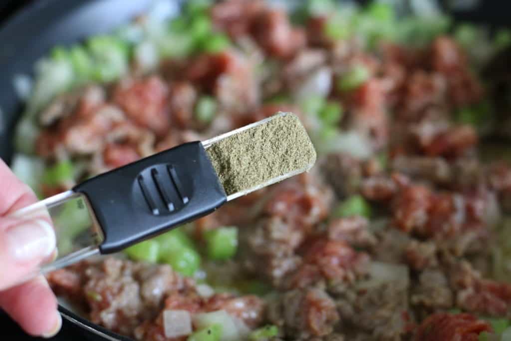 poultry seasoning added to sausage and celery and onion.