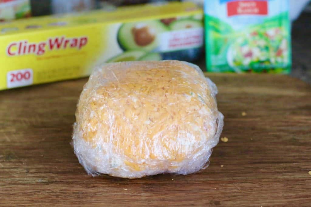 plastic wrapped homemade cheeseball.