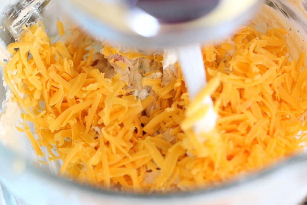 shredded cheddar cheese mixture added to cream cheese mixture.
