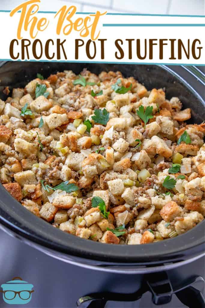 The Best Crock Pot Stuffing recipe from The Country Cook, cooked stuffing shown in a black, oval slow cooker
