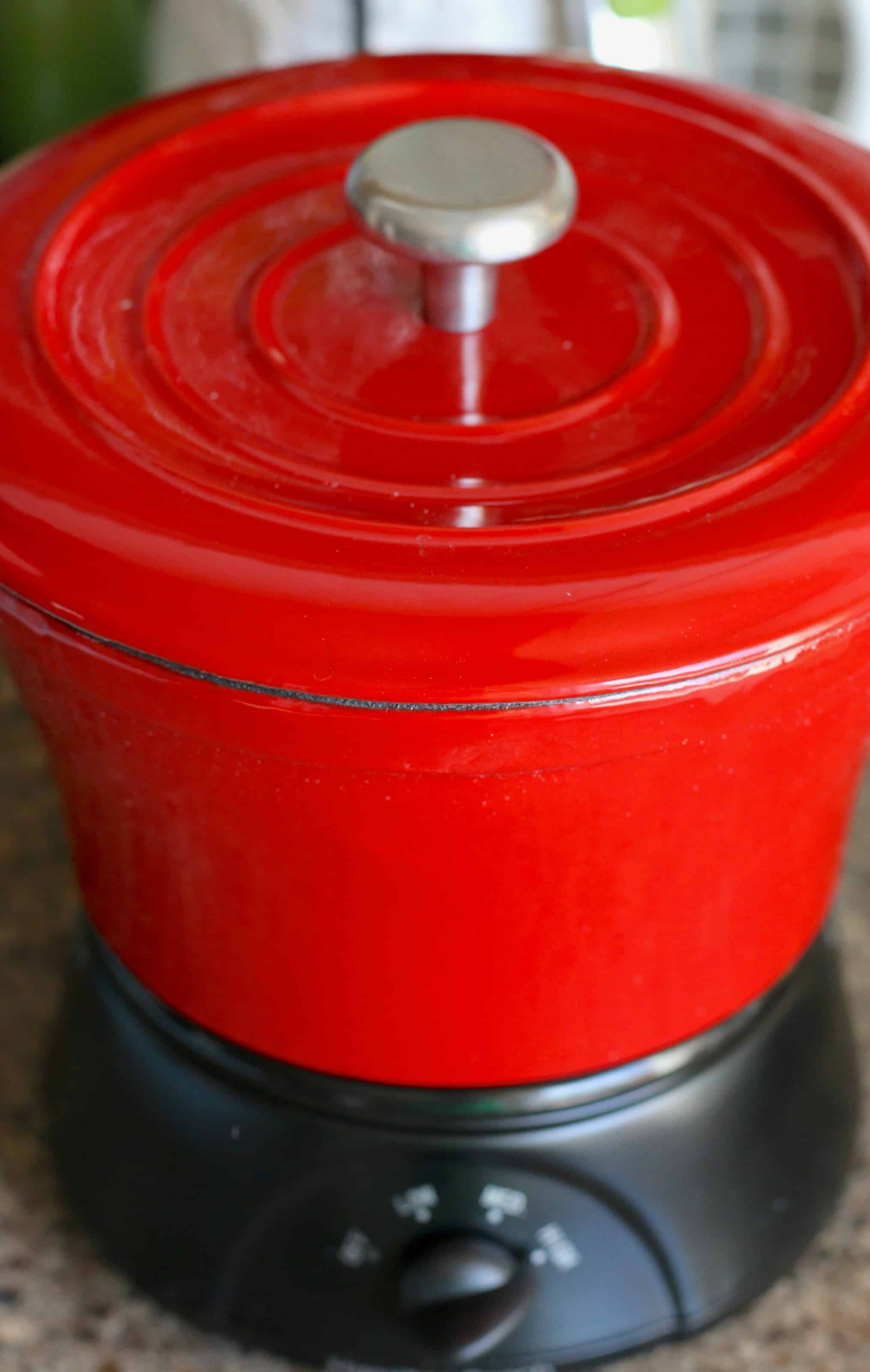 lid shown on red mini cast iron crock pot.