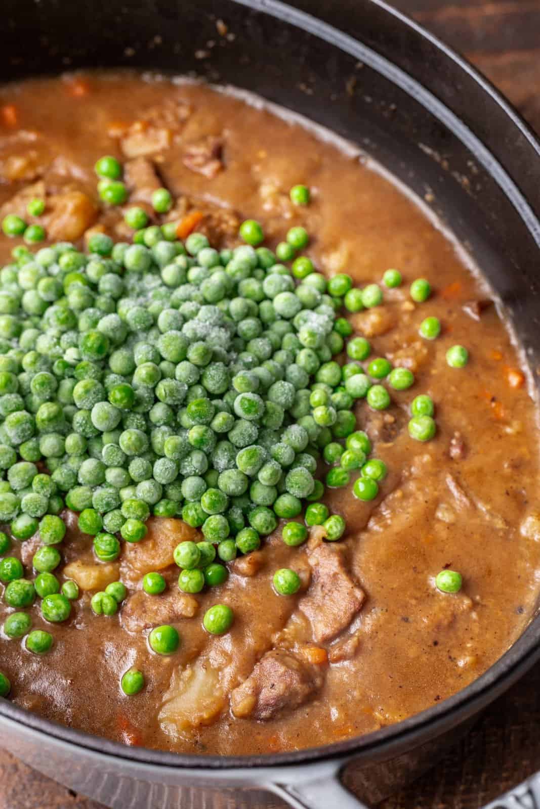 frozen peas added to beef stew in the pot. 