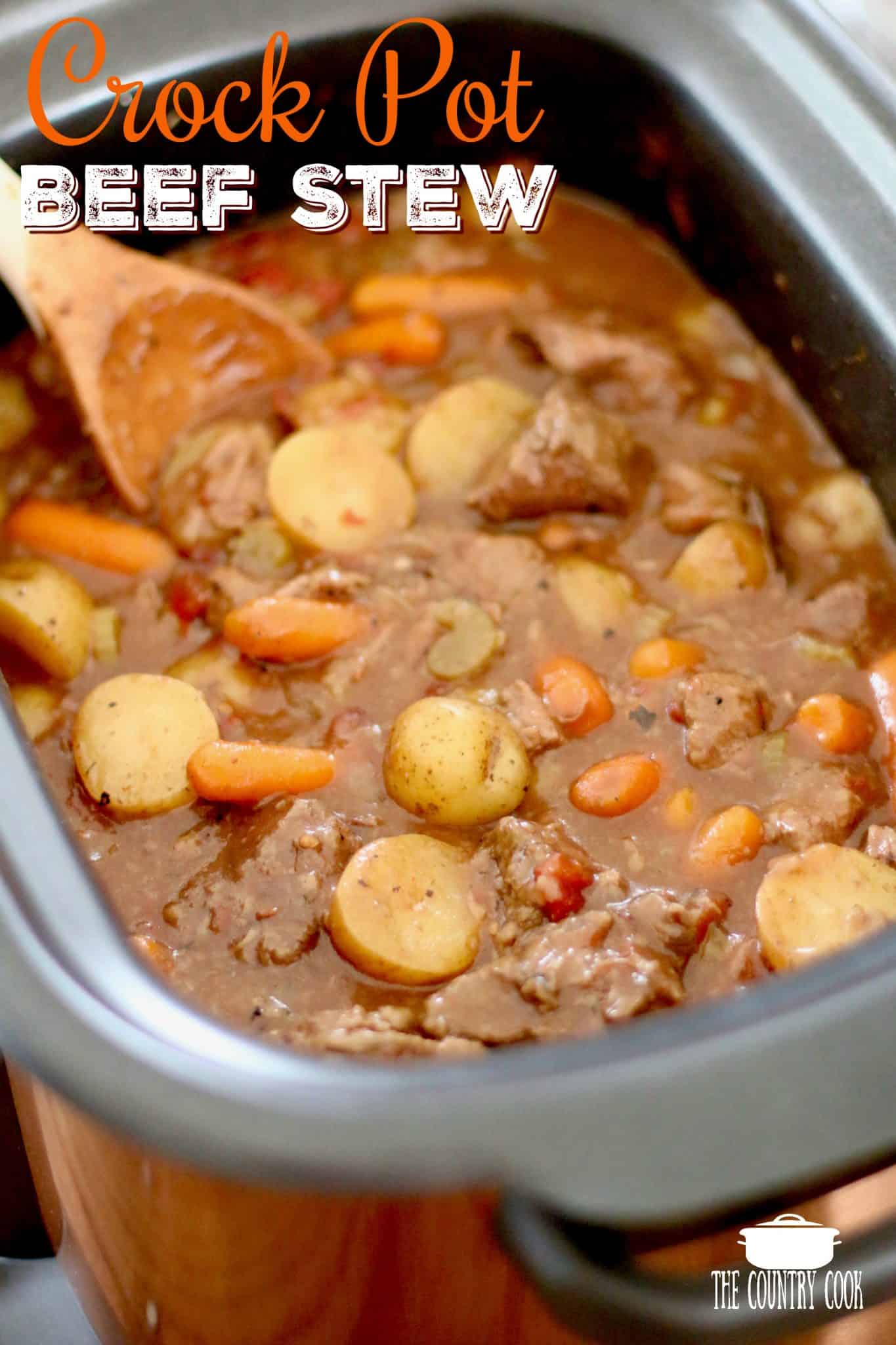 Best Crock Pot Beef Stew shown in an oval slow cooker with a wooden spoon.