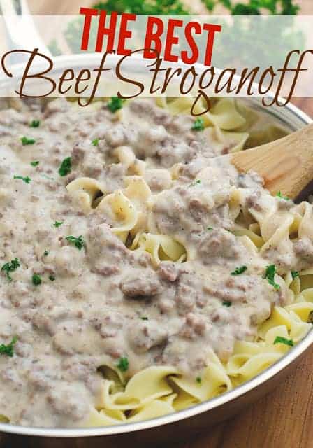 Holly's Homemade Beef Stroganoff recipe - shown in a large skillet with a wooden spoon