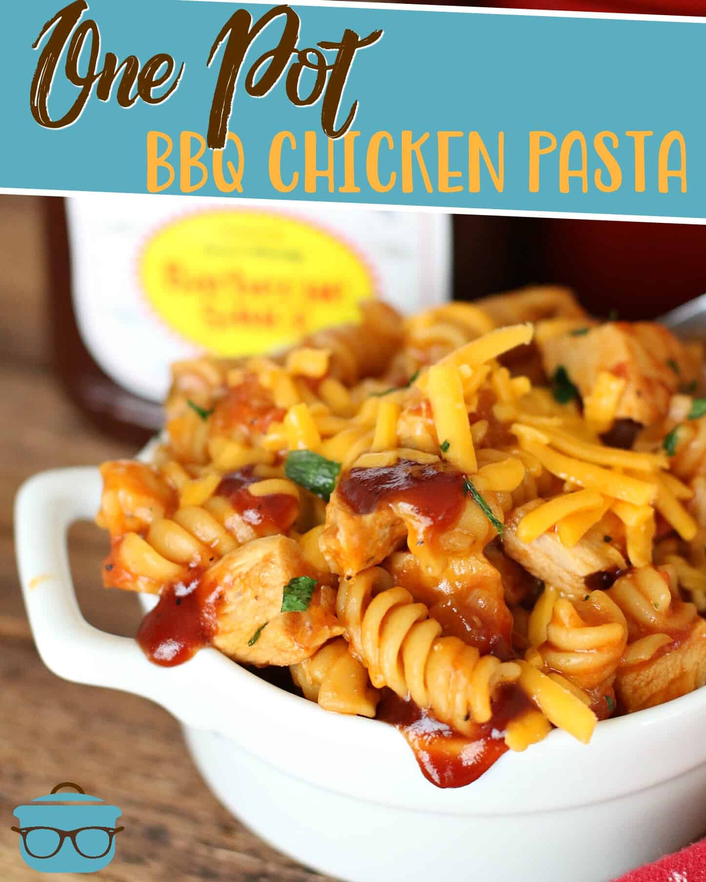 BBQ Chicken Pasta shown in a small white baking dish with handles. 