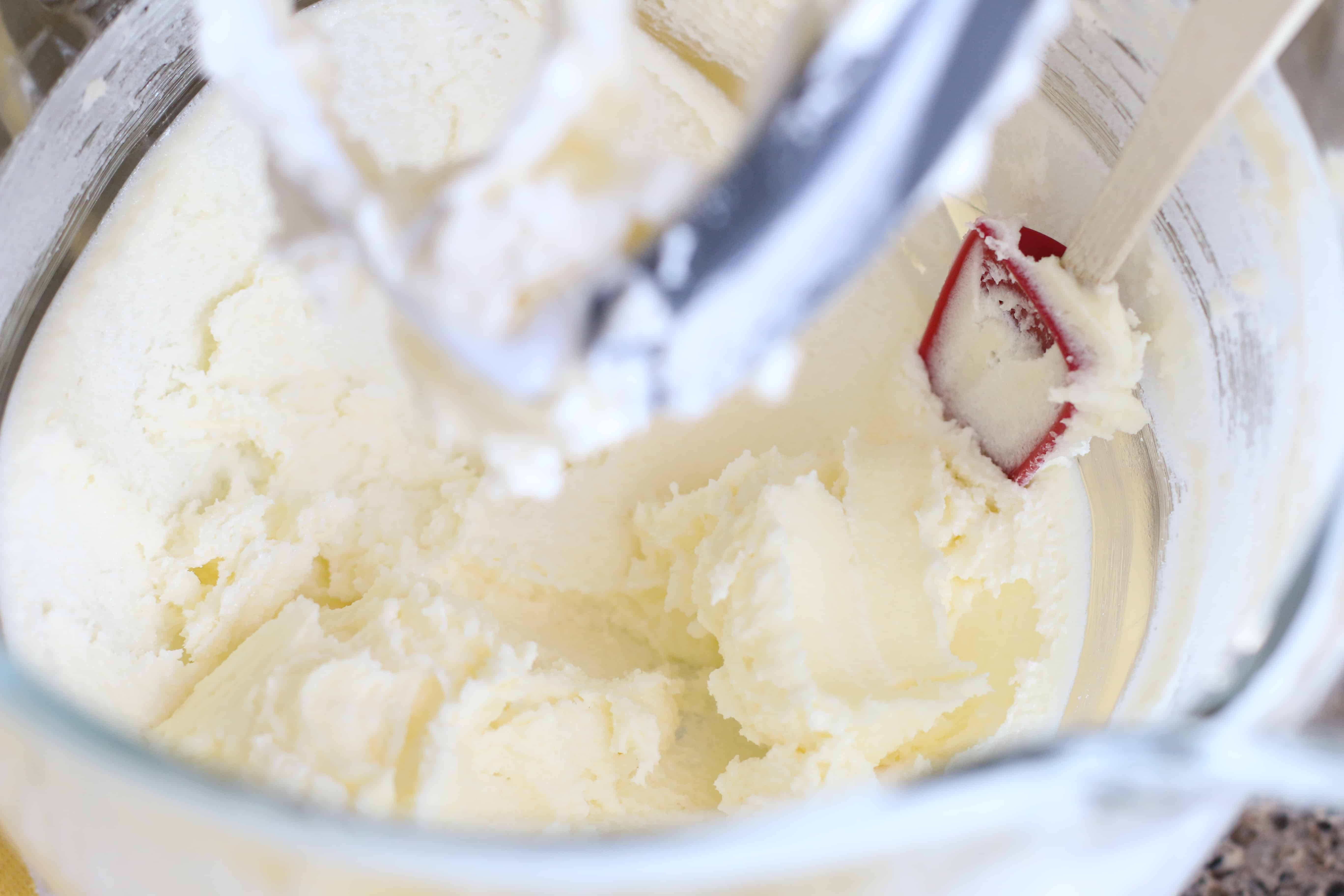 butter and sugar mixed together in an electric stand mixer.