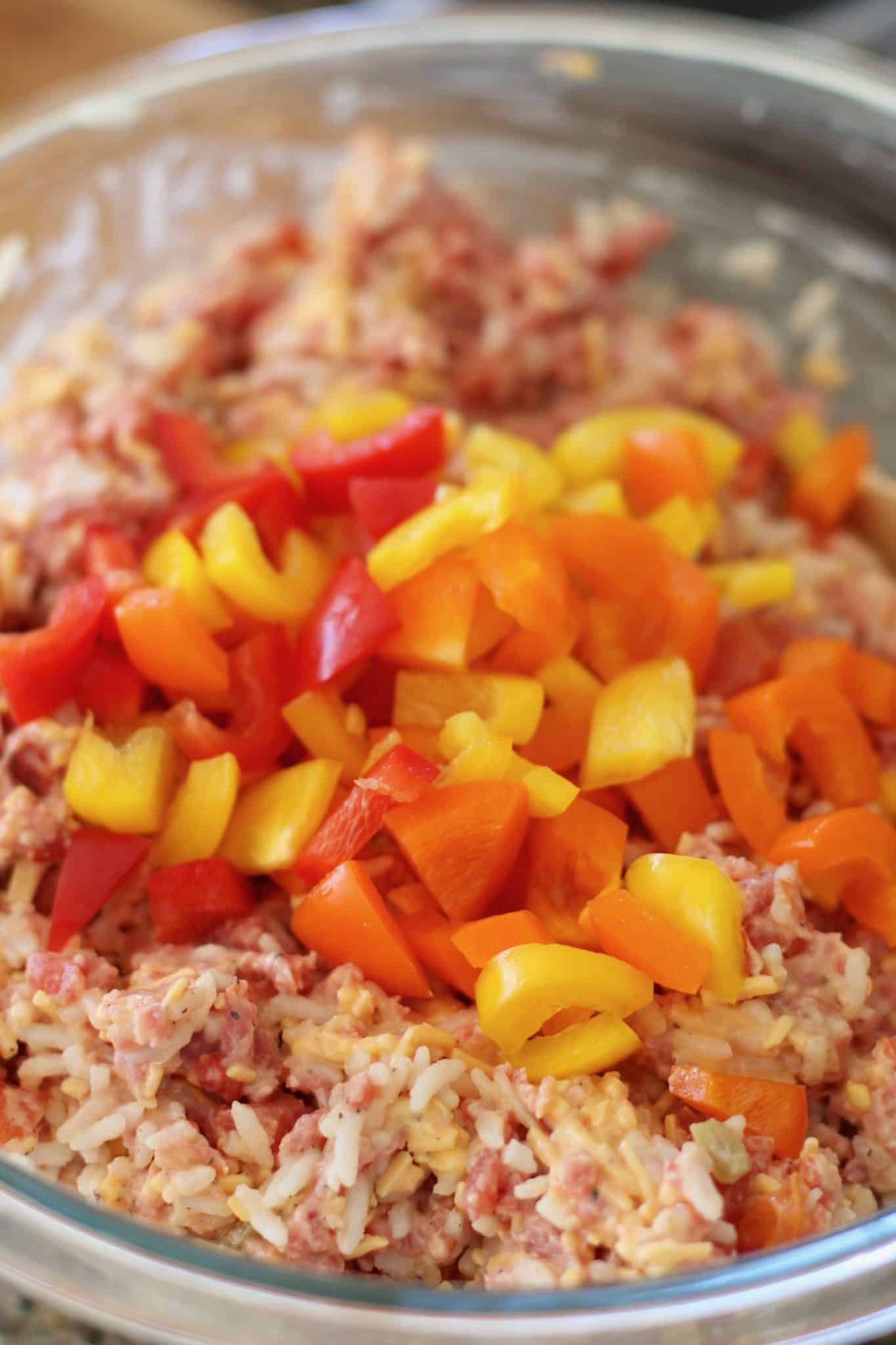 diced bell peppers added to ground beef rice filling