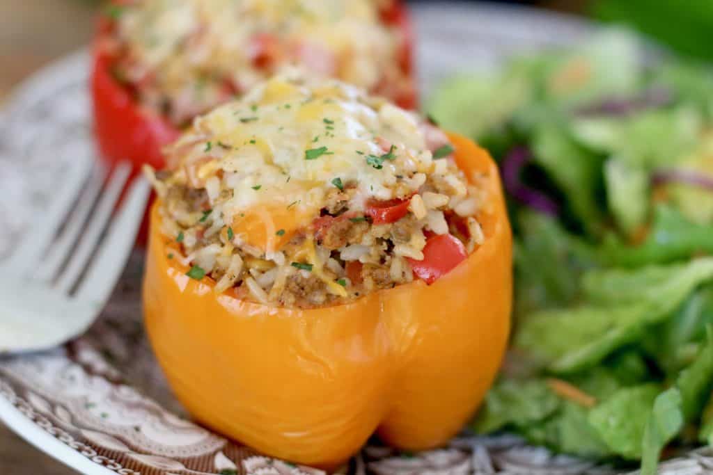 Crock Pot Stuffed Peppers with rice, cheese, tomatoes