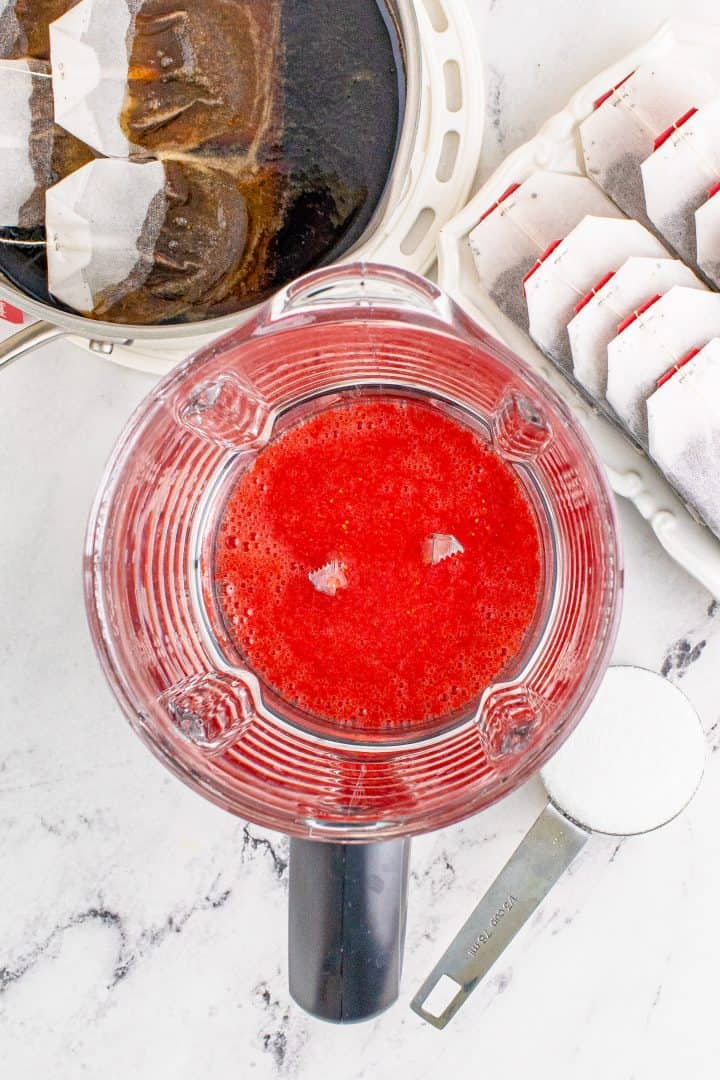 pureed strawberries in a blender