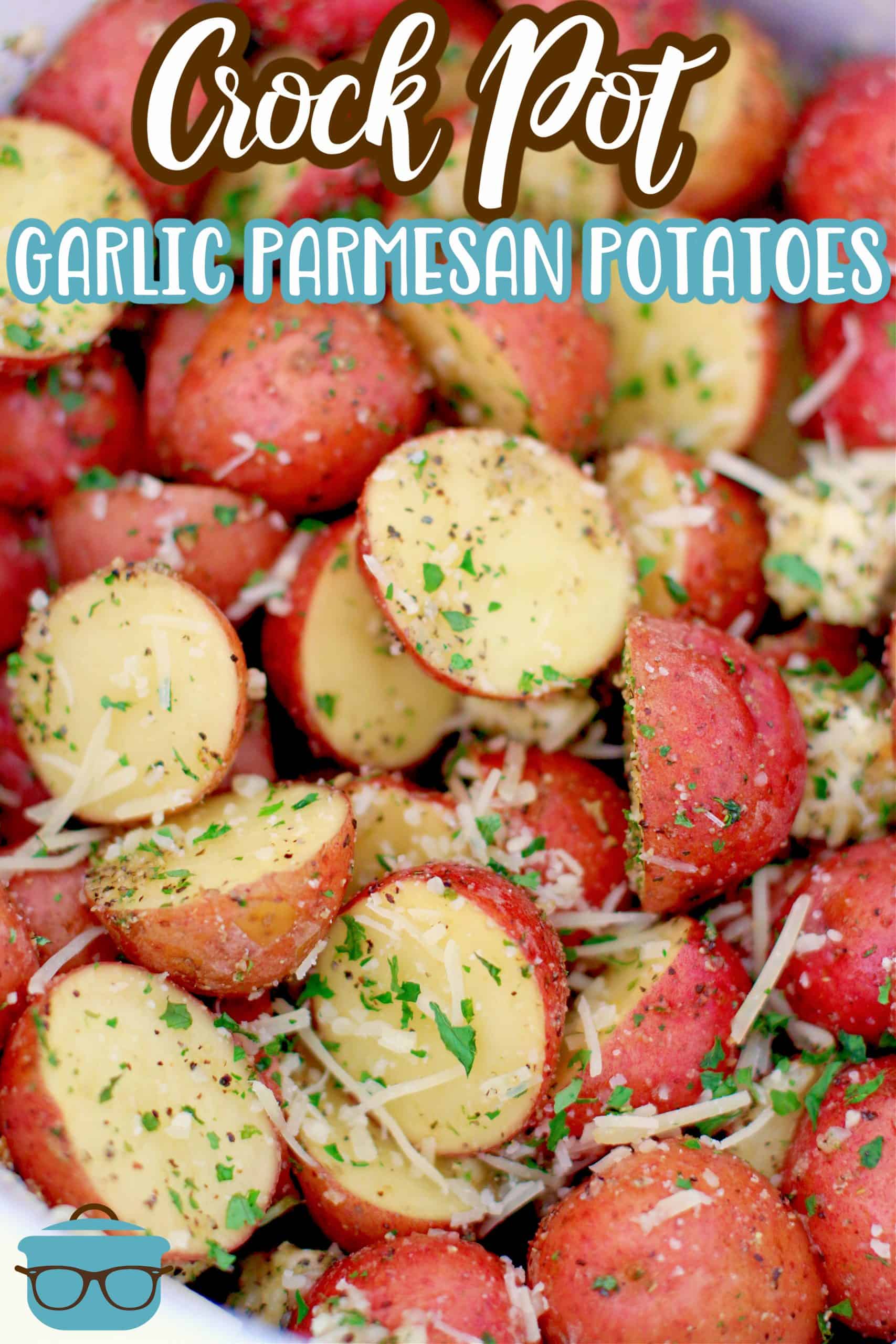 Crock Pot Garlic Parmesan Potatoes recipe from The Country Cook, sliced potatoes shown with seasoning and inside a white slow cooker.