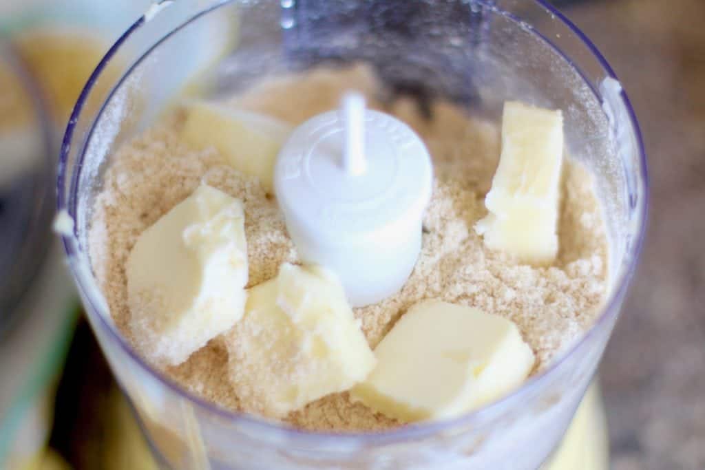 sliced butter added to crushed Nilla wafers, brown sugar and flour 