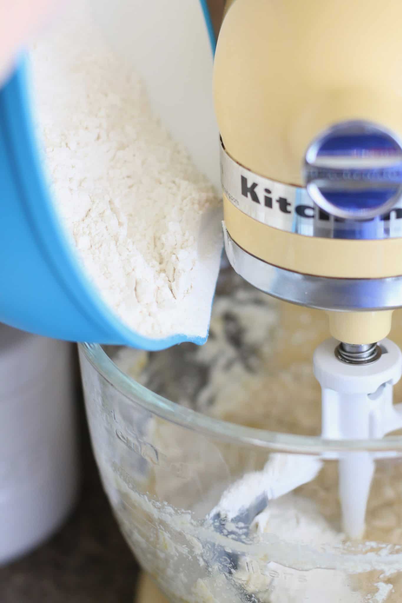 flour mixture added to KitchenAid stand mixer.