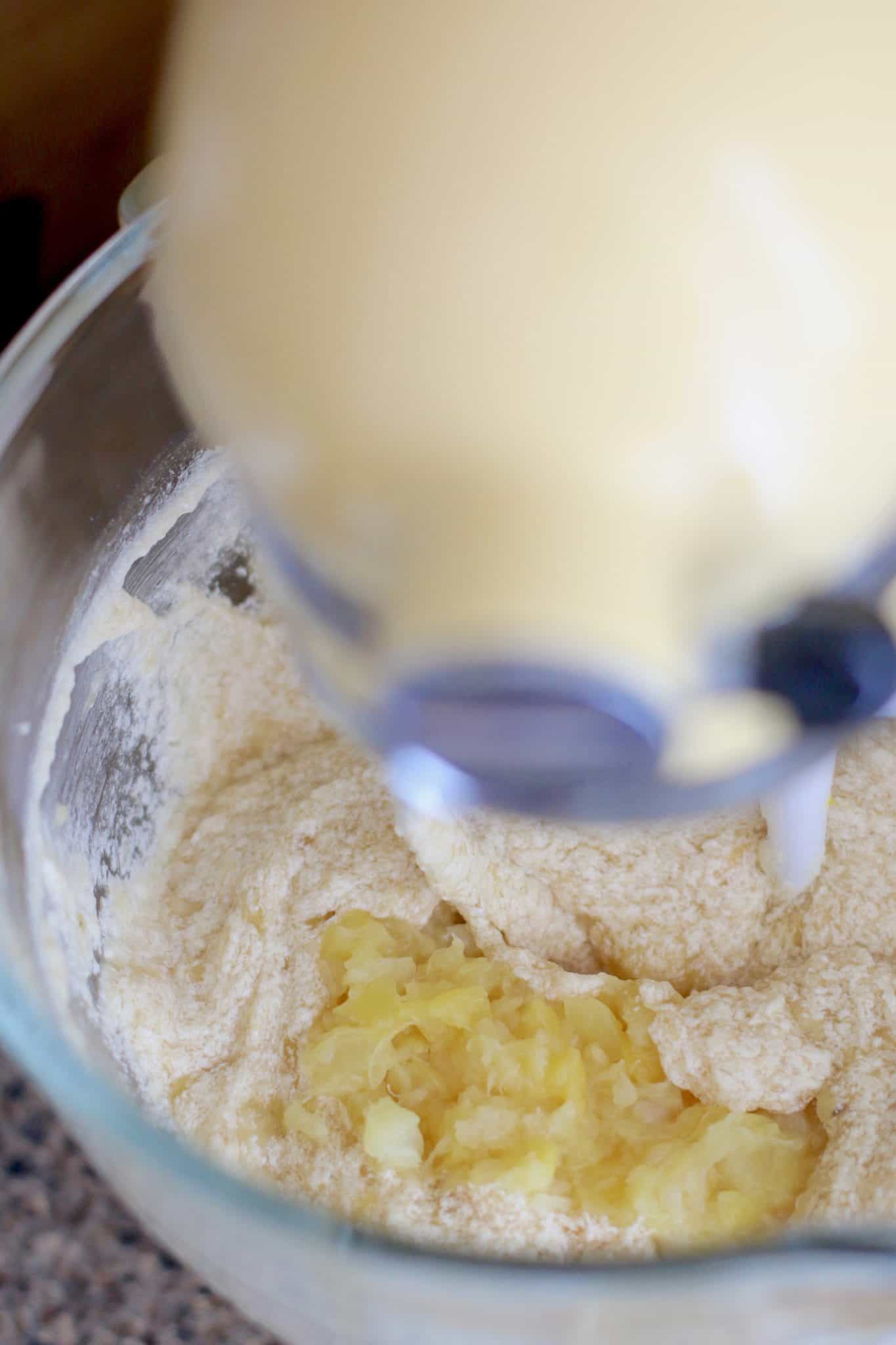 crushed pineapple and bananas added to hummingbird cake batter.