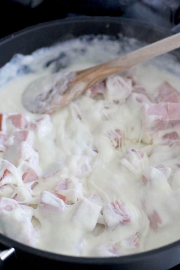 fully cooked, diced cubed ham added to cream sauce