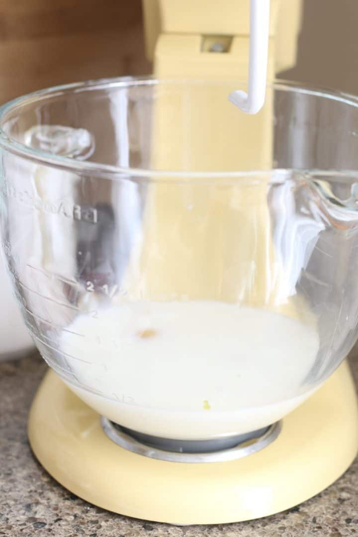 Milk, garlic and eggs in the bottom a stand mixer bowl
