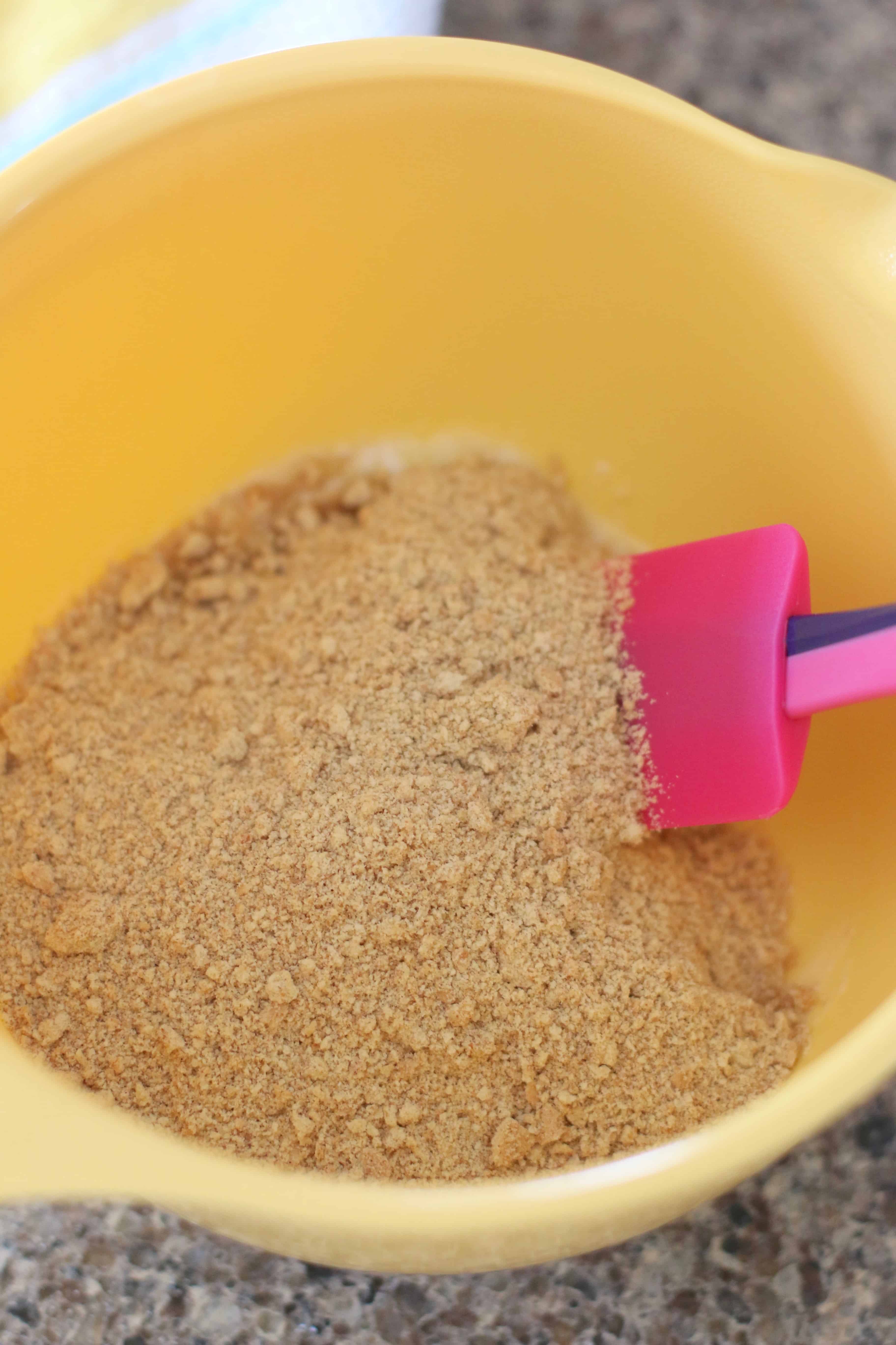 melted butter and graham cracker crumbs mixed together in a bowl.