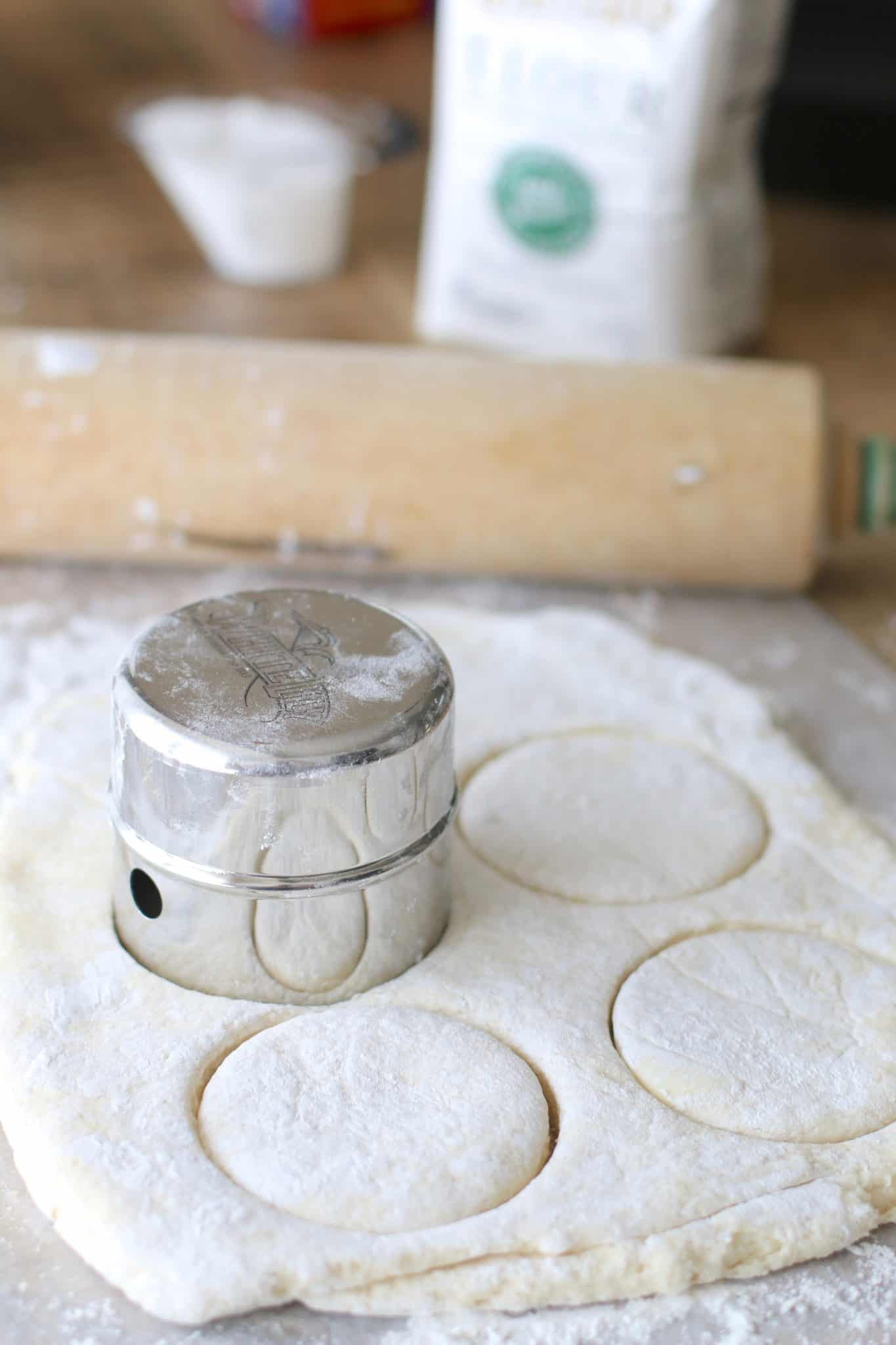 biscuit dough cutter cutting out homemade biscuits
