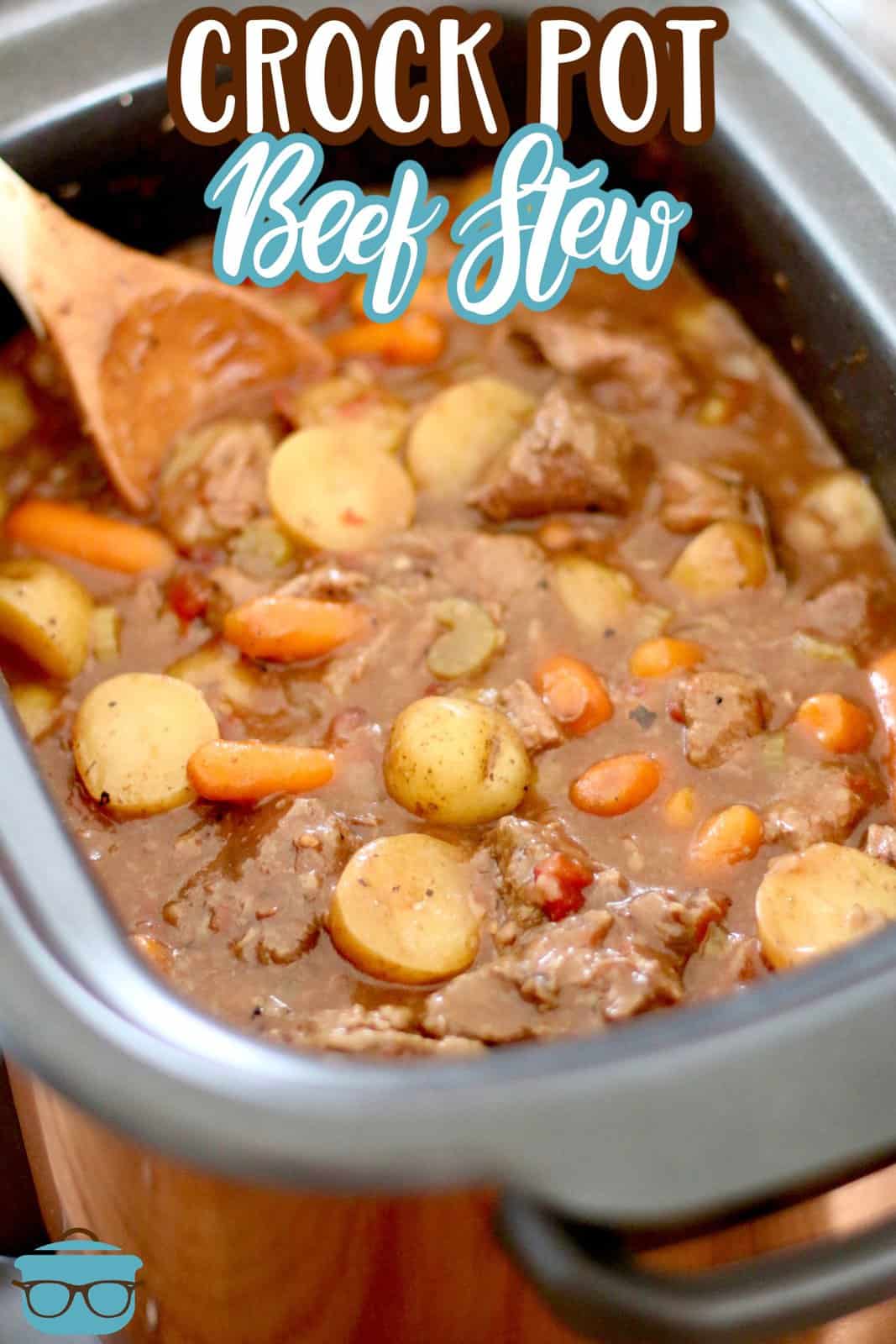 beef stew shown in an oval slow cooker with a wooden spoon inserted into the beef stew.