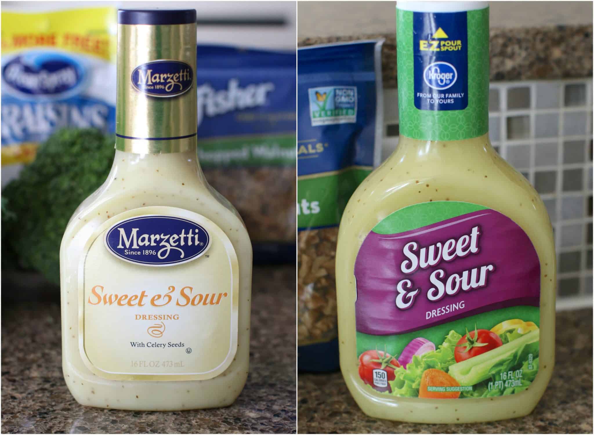 a photo showing two bottles of sweet and sour dressing. Bottle on the left is Marietta Sweet and Sour dressing and bottle on the right is Kroger brand Sweet and Sour dressing.