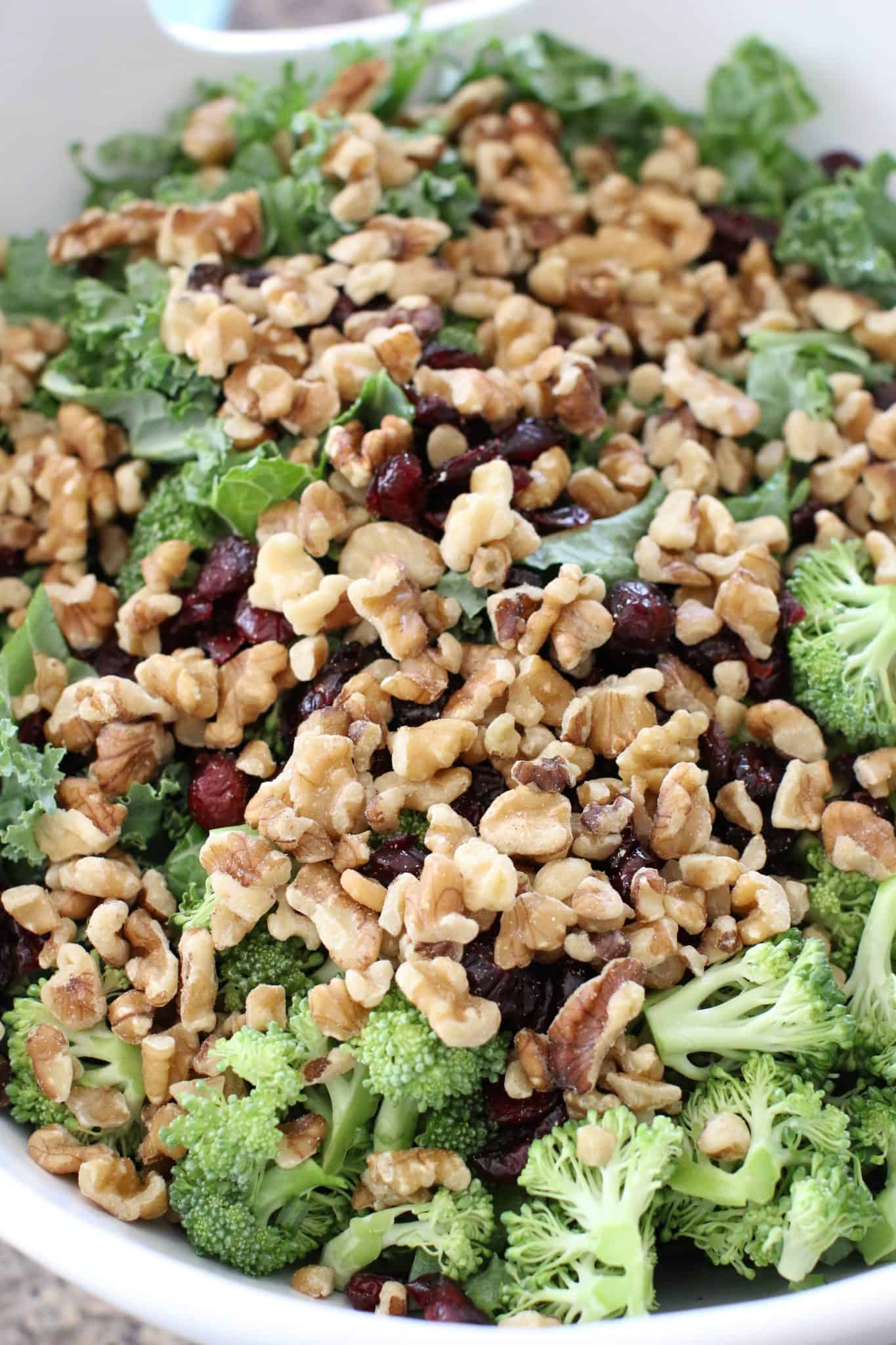 walnuts nad cranberries added on top of kale and broccoli in large white bowl.