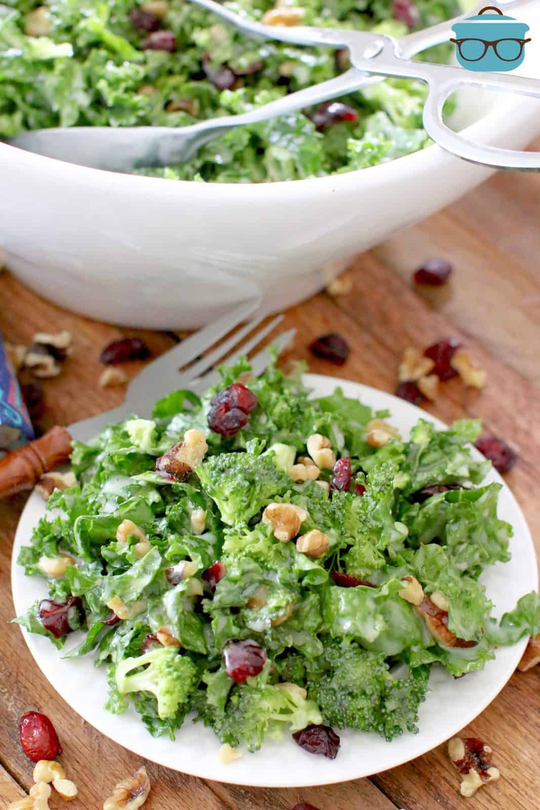 kale salad shown on a small round white plate with a white bowl in the background sit-in on a wood surface.