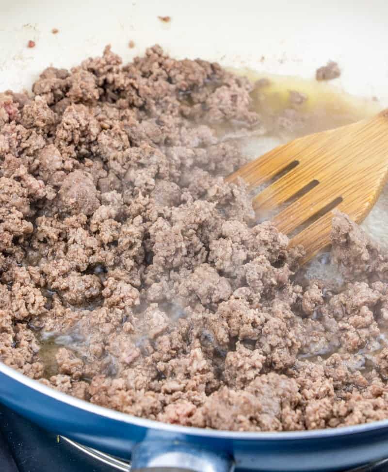 browning ground beef in a skillet.