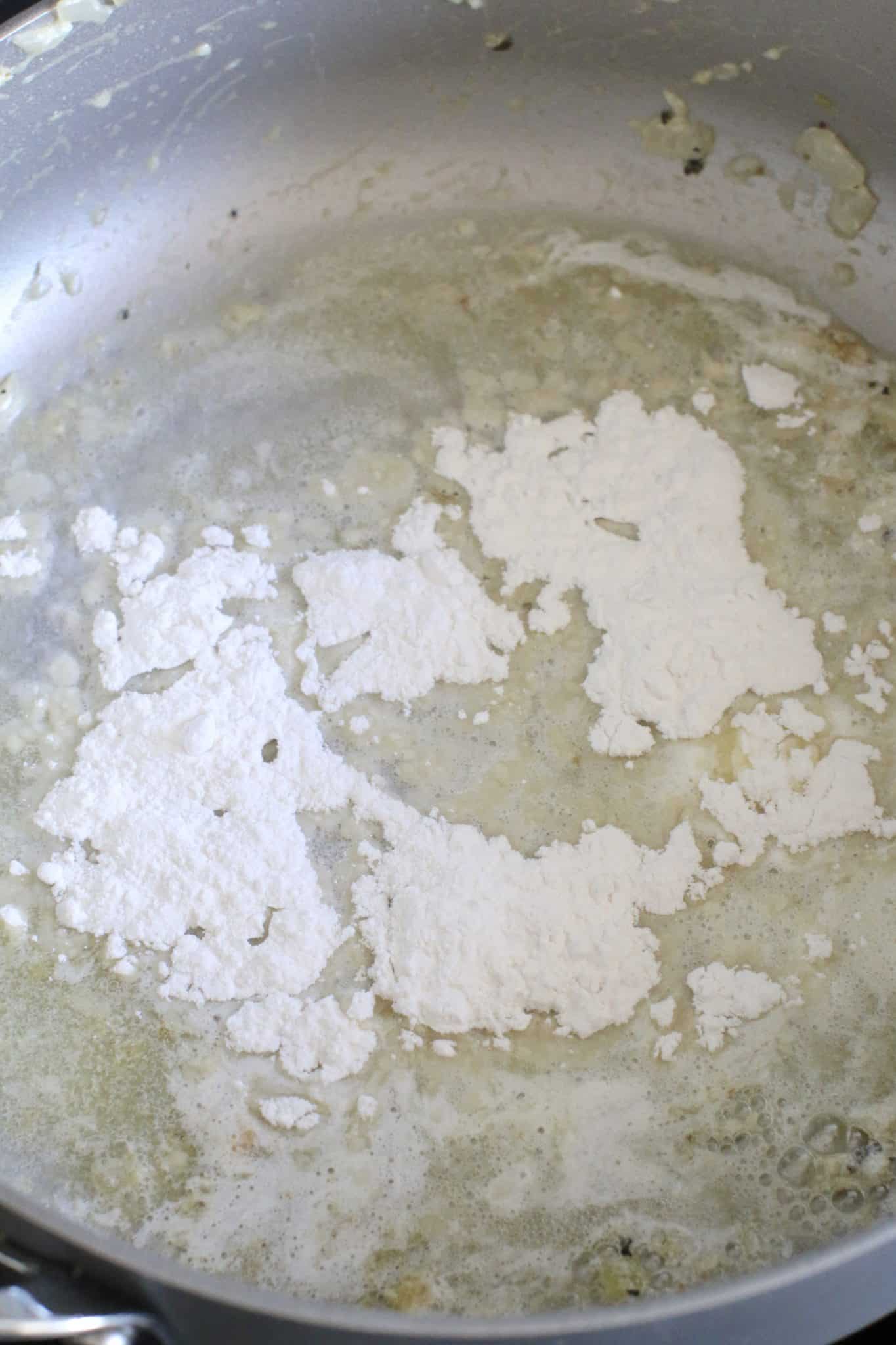 flour added to butter in a pan. 