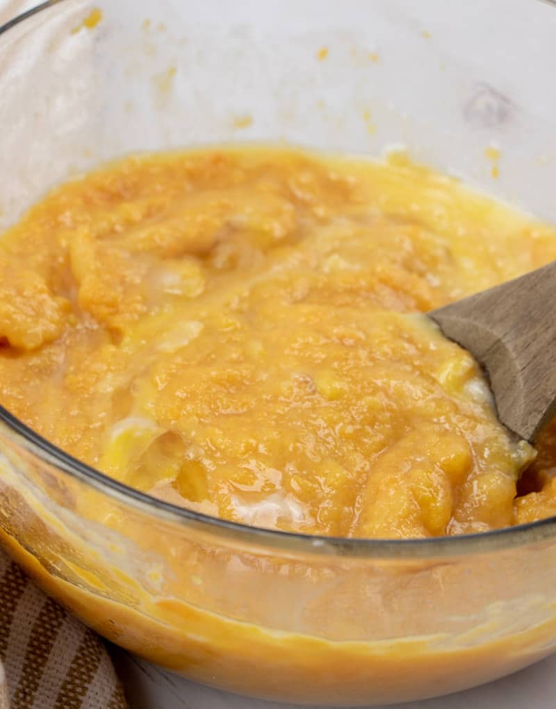 melted butter, milk, sugar, vanilla extract and beaten eggs stirred together in a bowl