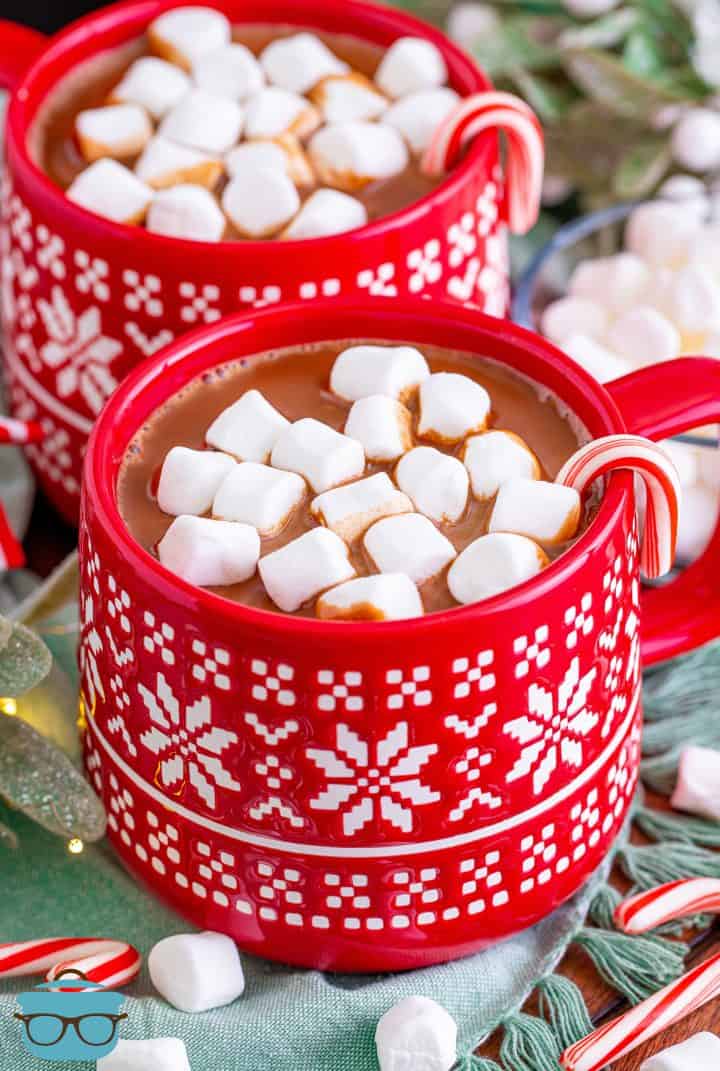 two red and white mugs filled with hot chocolate and topped with mini marshmallows. 