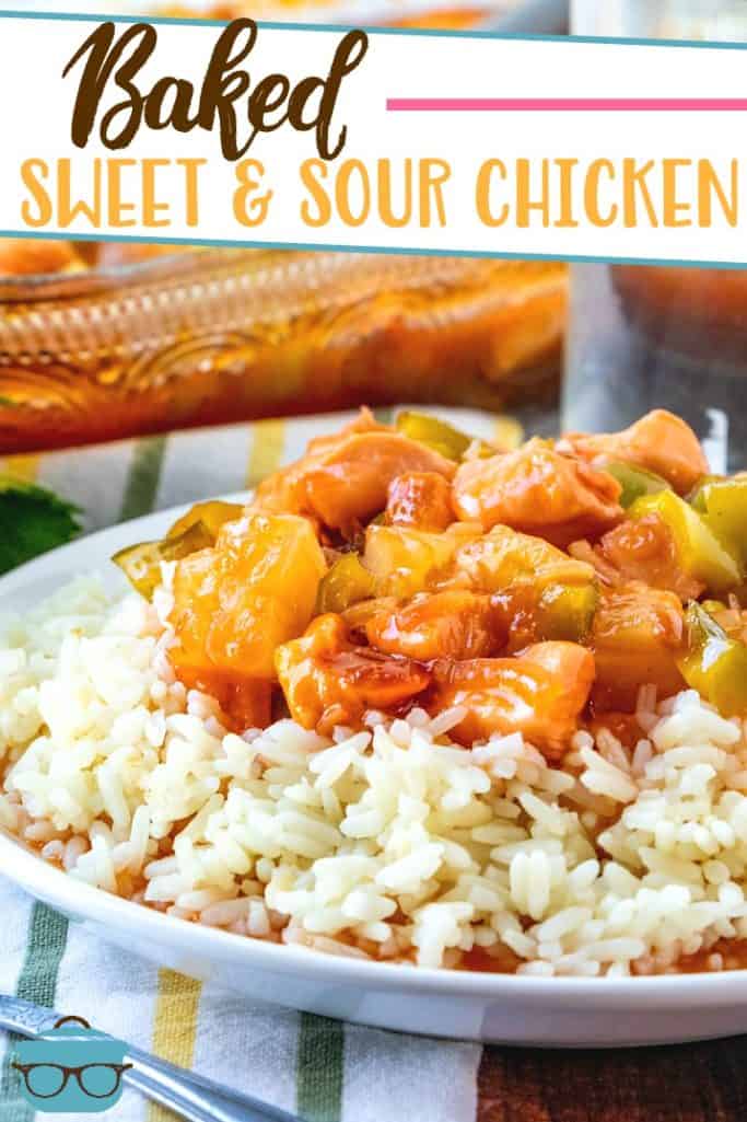 Baked Sweet and Sour Chicken recipe from The Country Cook, pictured served over white rice with baking dish in the background