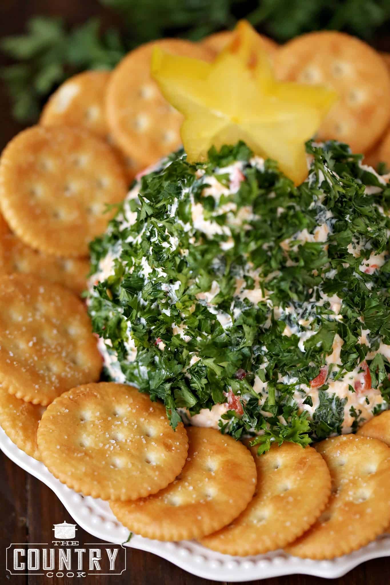overhead photos of a Christmas shaped cheeseball surrounded by butter cookies.