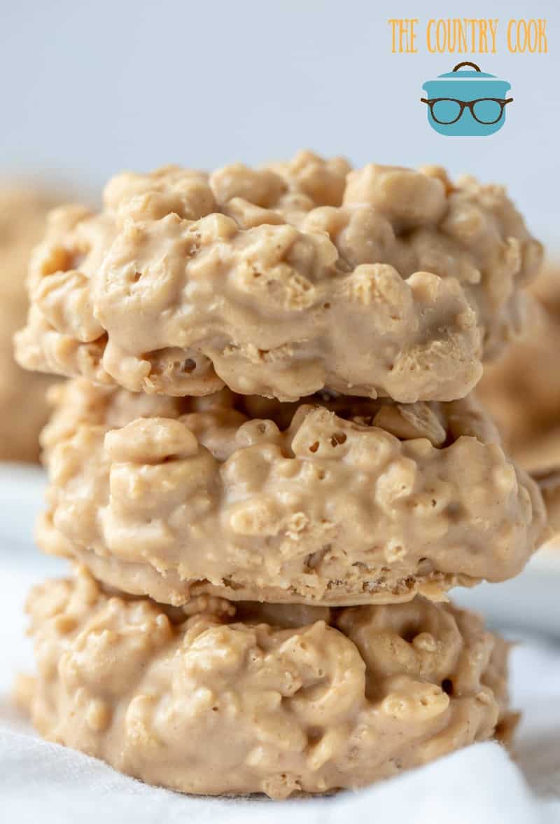 No Bake Cookies with Rice Krispies and Honey Nut Cheerios, close up photo of three stacked cookies.