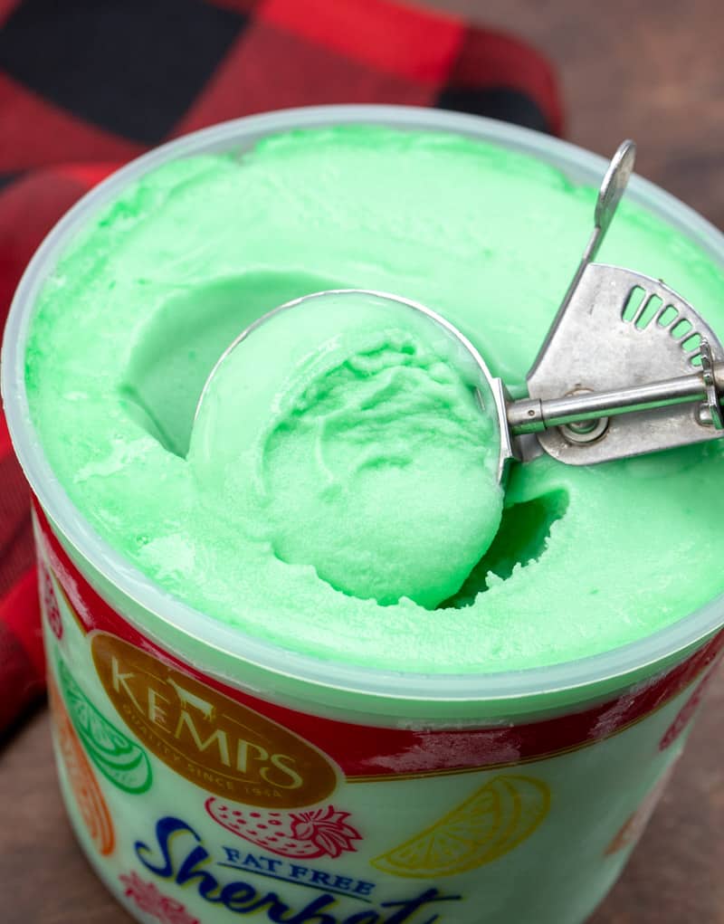 scooped green lime sherbet with an ice cream scoop.