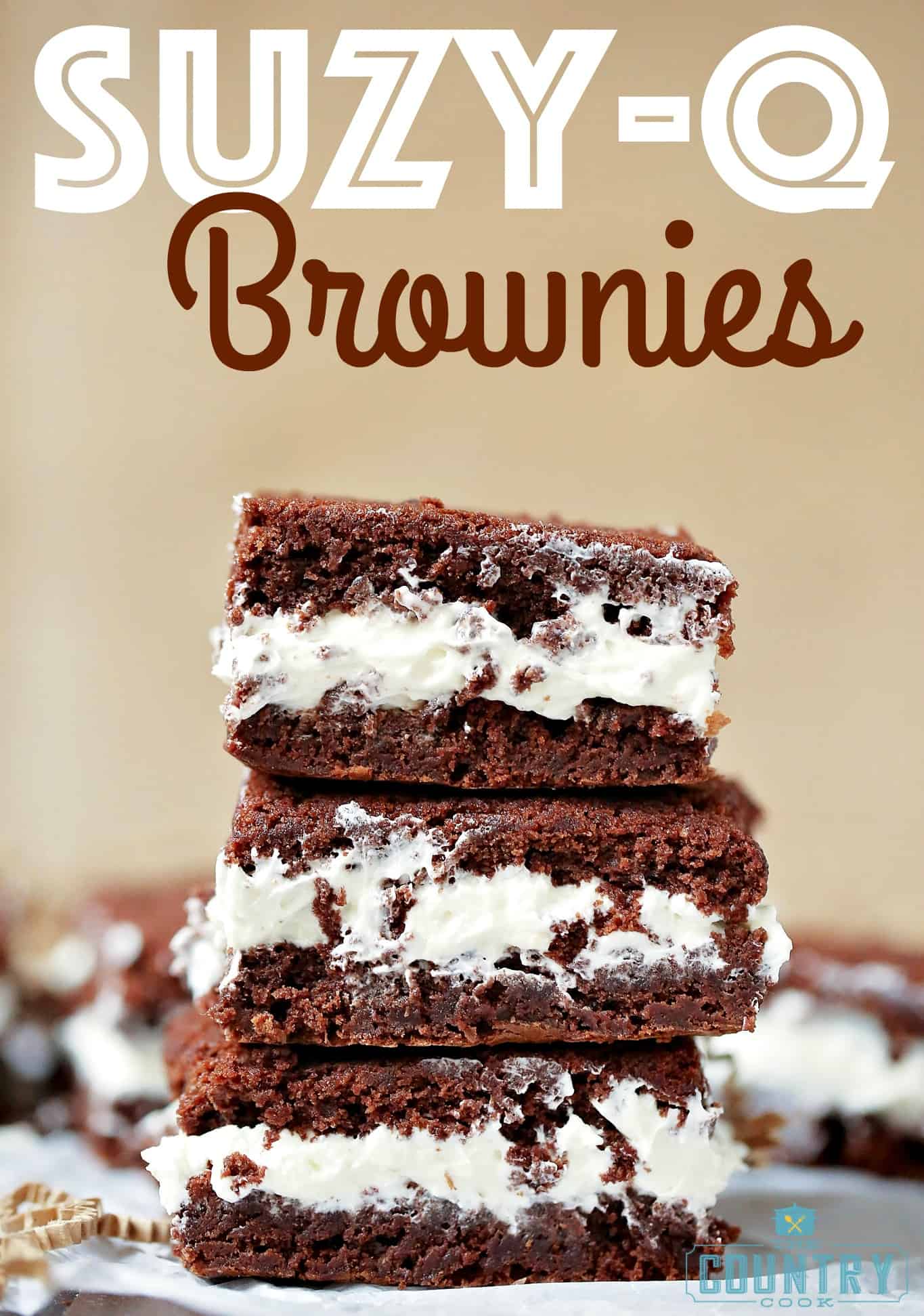 three slices of Suzy-Q Brownies shown stacked on top of each other. 