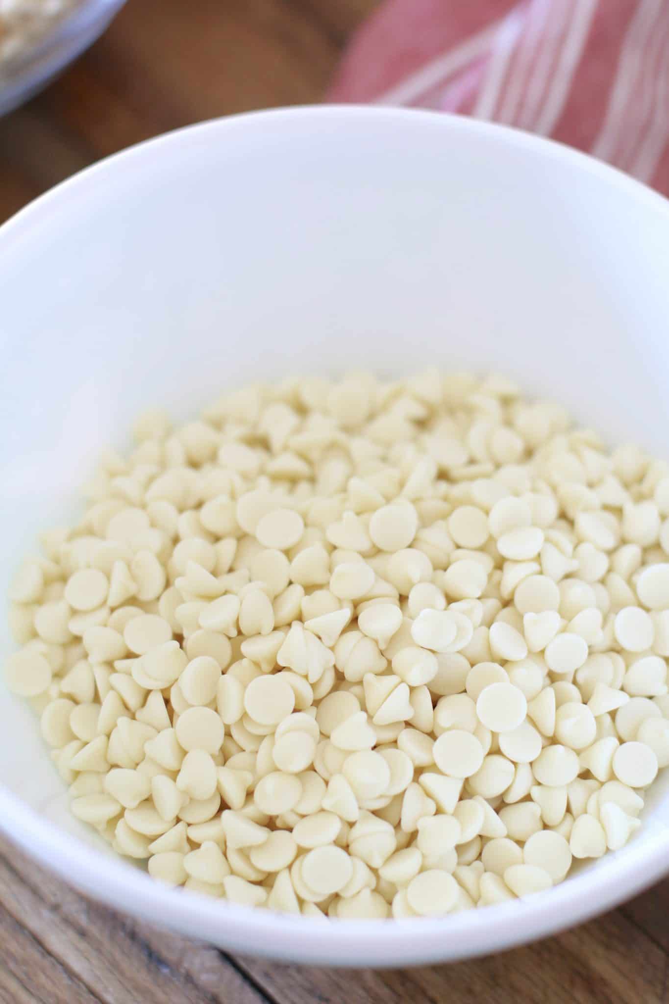 white chocolate chips in a bowl.