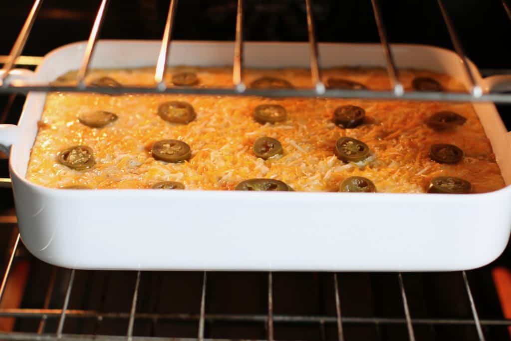 cornbread casserole in the oven.