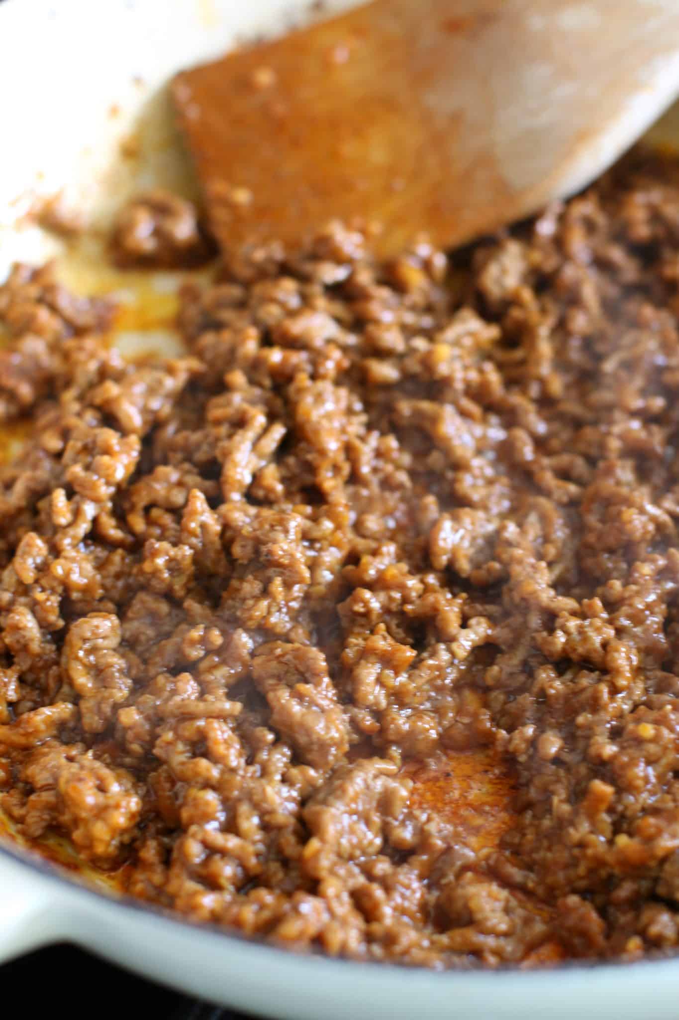 ground taco beef in a skillet. 