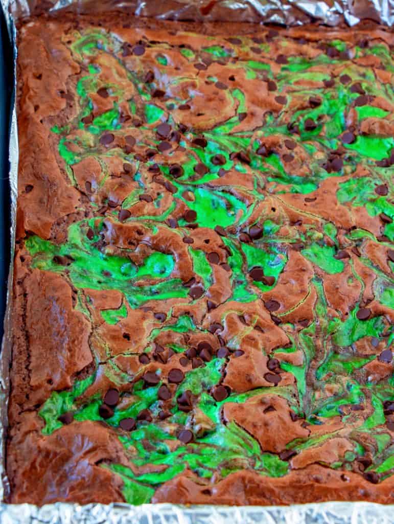 fully baked mint chocolate brownies in a large baking pan