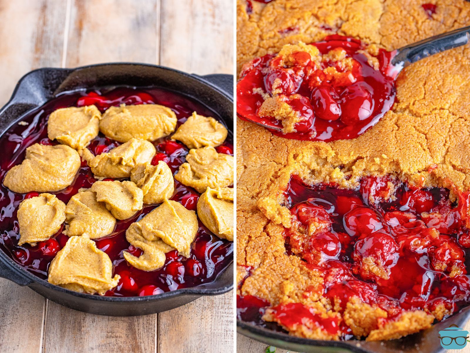 A skillet with cherry pie filling and a cobbler topping and a baked Cherry Pie Cobbler made from Jiffy Cake Mix.
