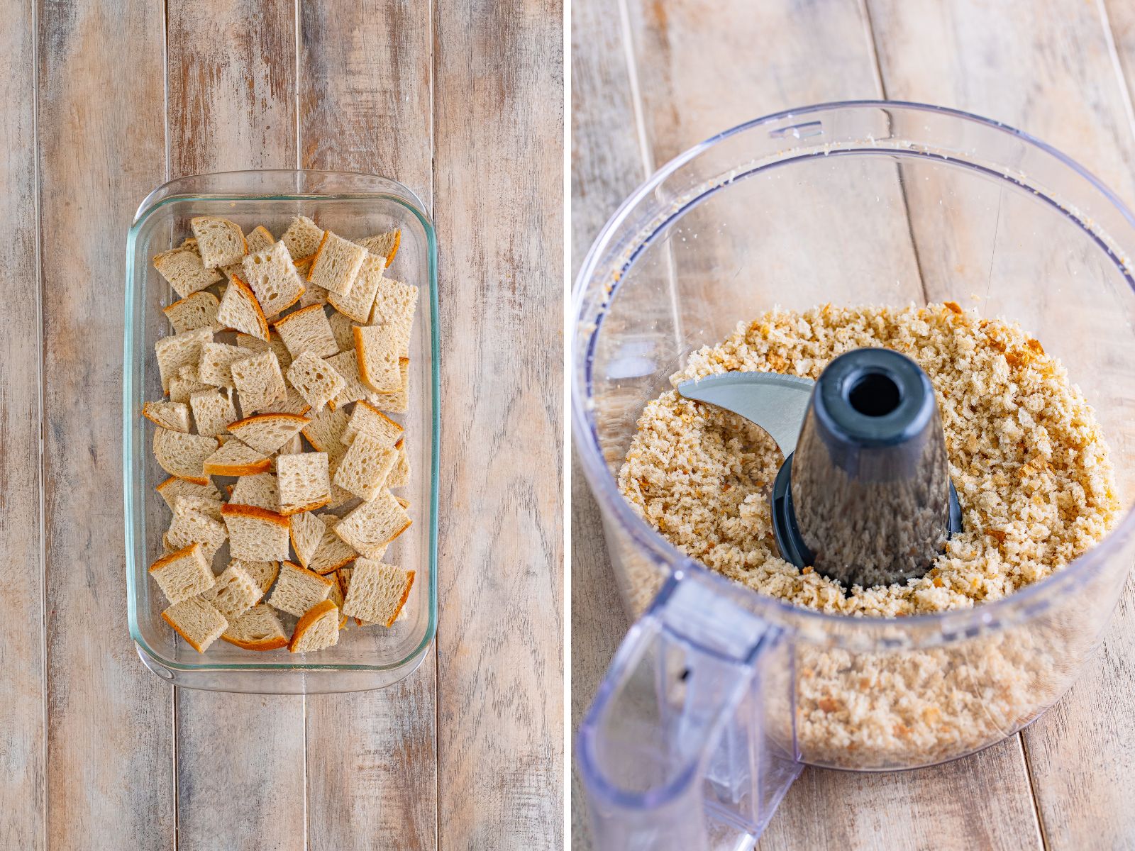 A collage of images with a baking dish filled with bread cubes and a food processor filled with bread crumbs.