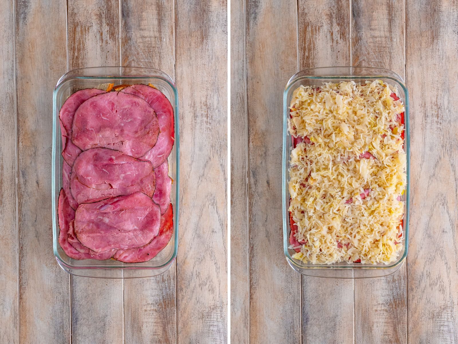 A collage of images with pastrami and layered sauerkraut.