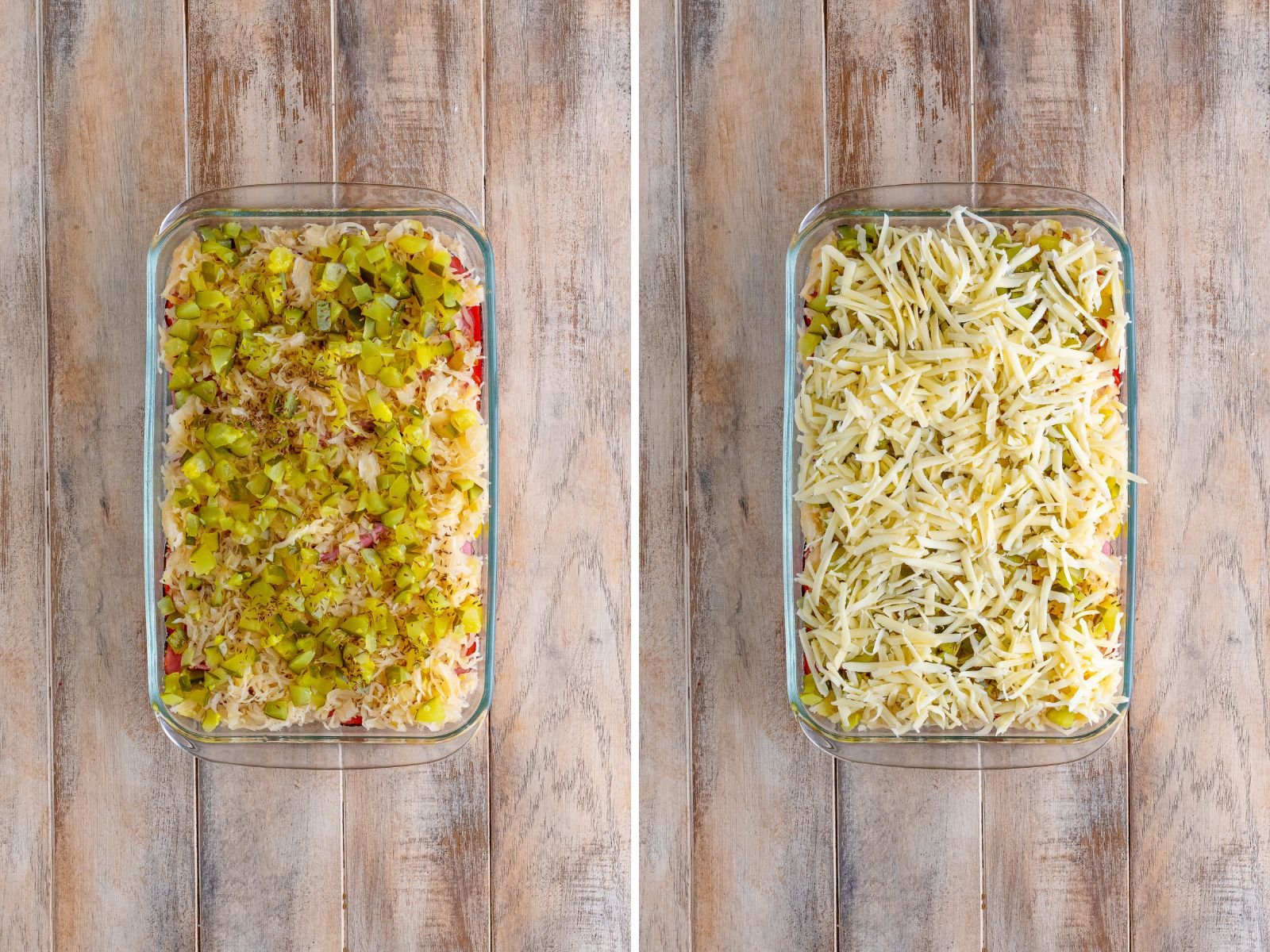 A casserole dish layered with cubed bread, meat, sauerkraut, chopped pickles, shredded cheese, and seeds.s.