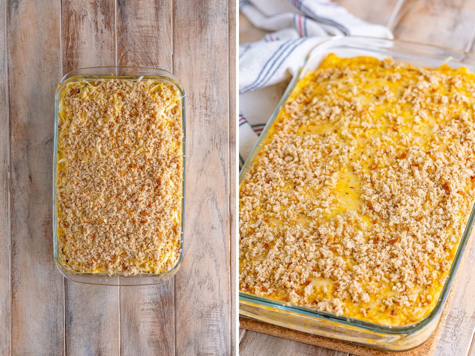 A layered Reuben Casserole before it gets baked then a freshly baked Reuben Casserole just out of the oven.