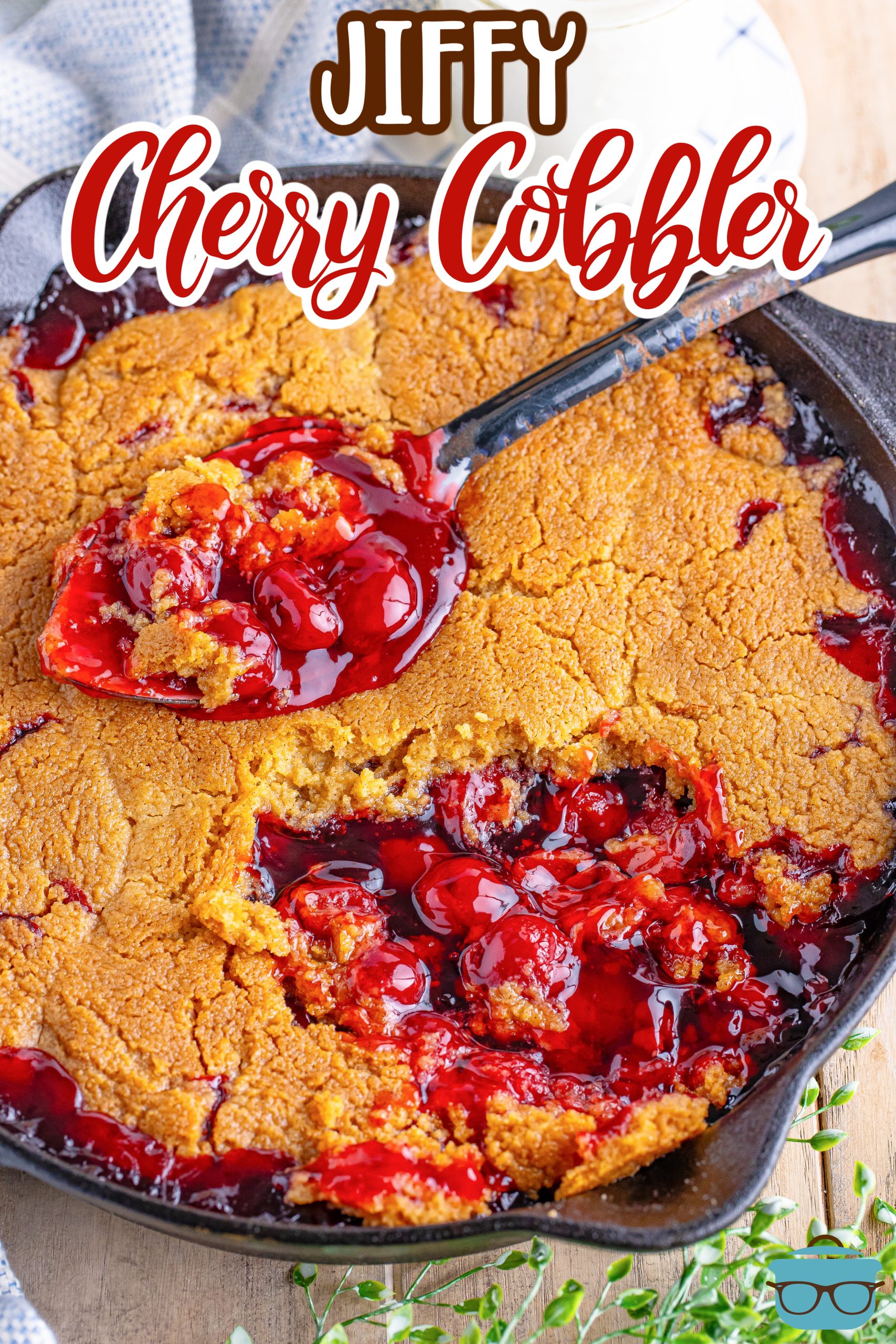 A skillet with Jiffy Cherry Cobbler.